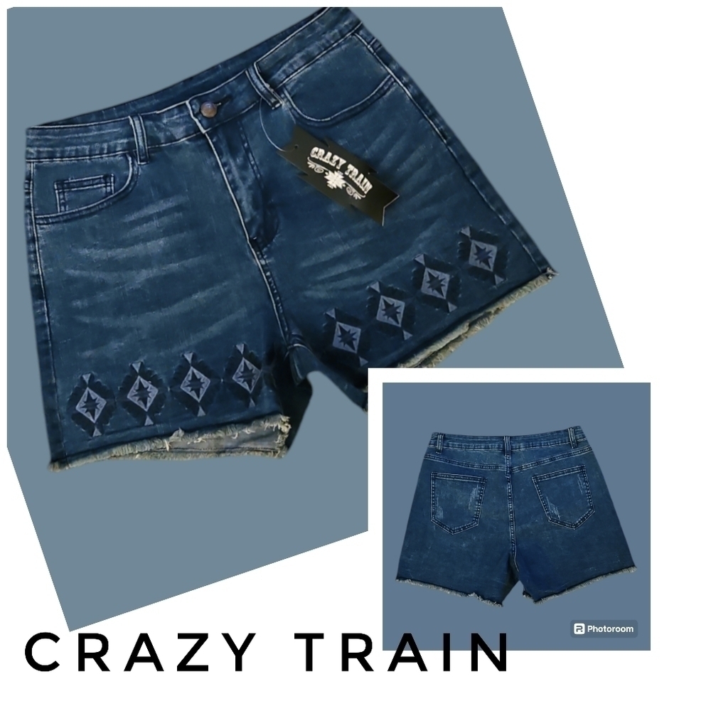 CRAZY TRAIN Western Dark Wash Embroidered Aztec Cut-off Denim Shorts